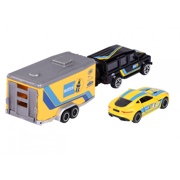 Licensed Diecast Land Rover Defender 110 and Jaguar F-type Toy Car with Race Trailer