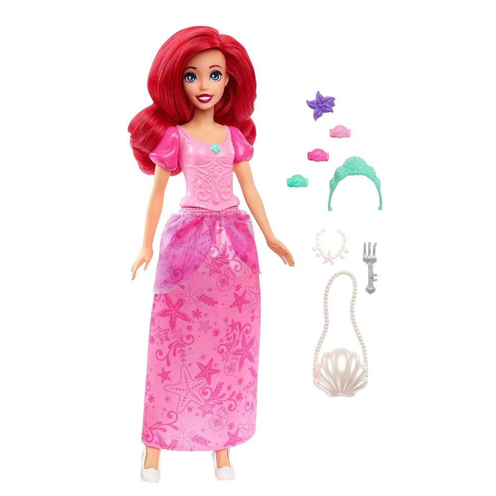 Original Disney Princess Ariel Fashion Doll in Pink Dress with 9 Accessories