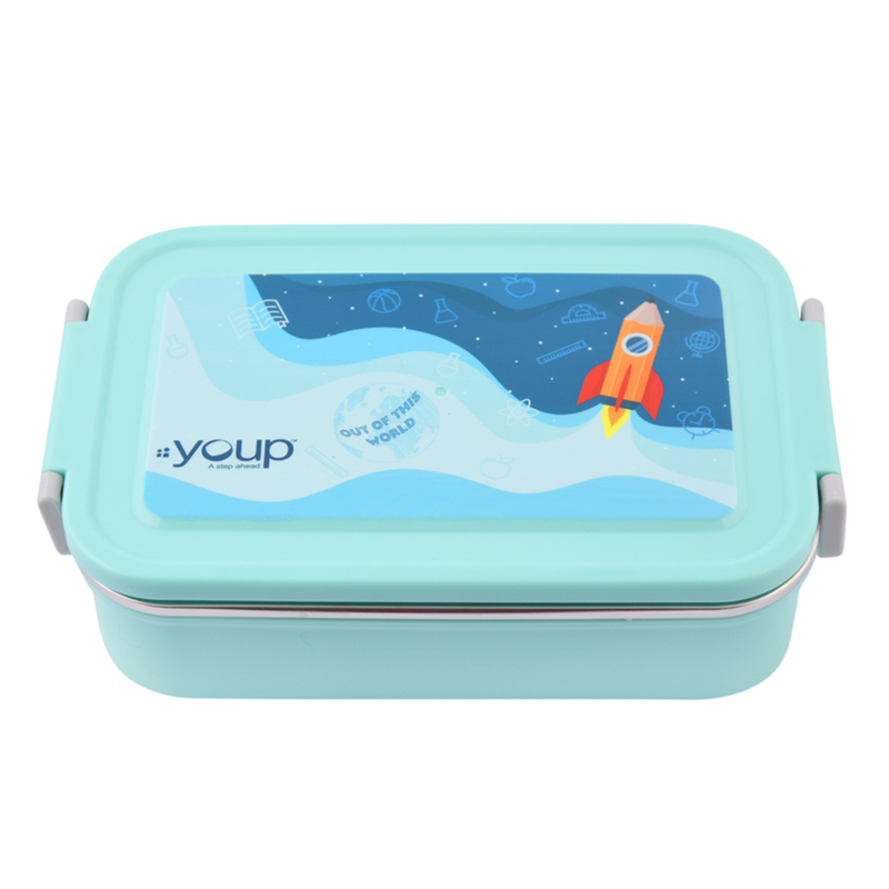 Youp Stainless Steel Sage Yellow Color Space Theme Kids Lunch Box FOODIE - 850 ml