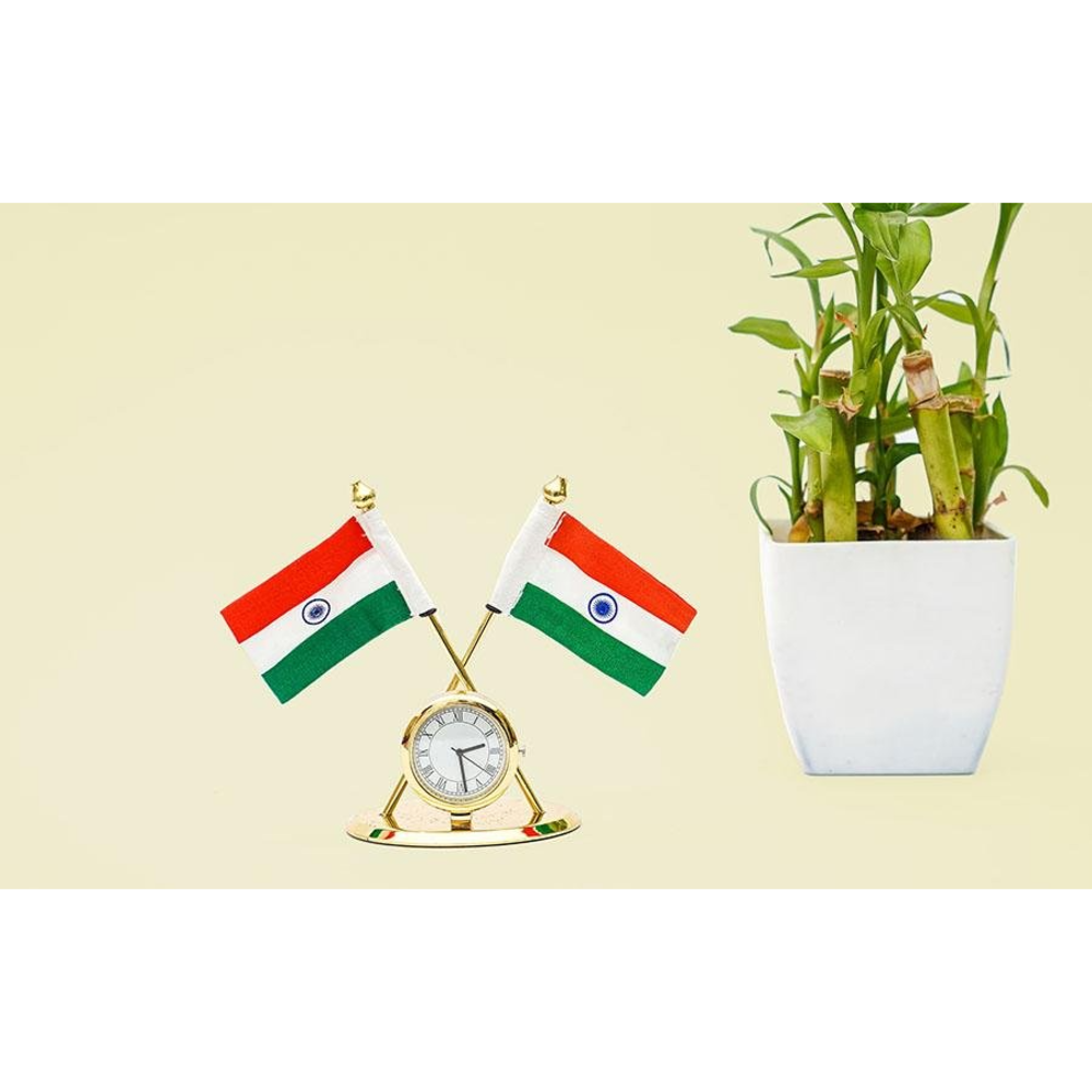 2 India Flags with Desk Clock