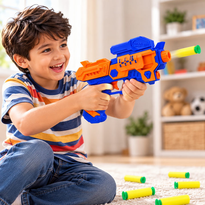 Chanak Soft Bullet Blaster Toy | 40 Feet Range with 10 Bullets - Blue Orange
