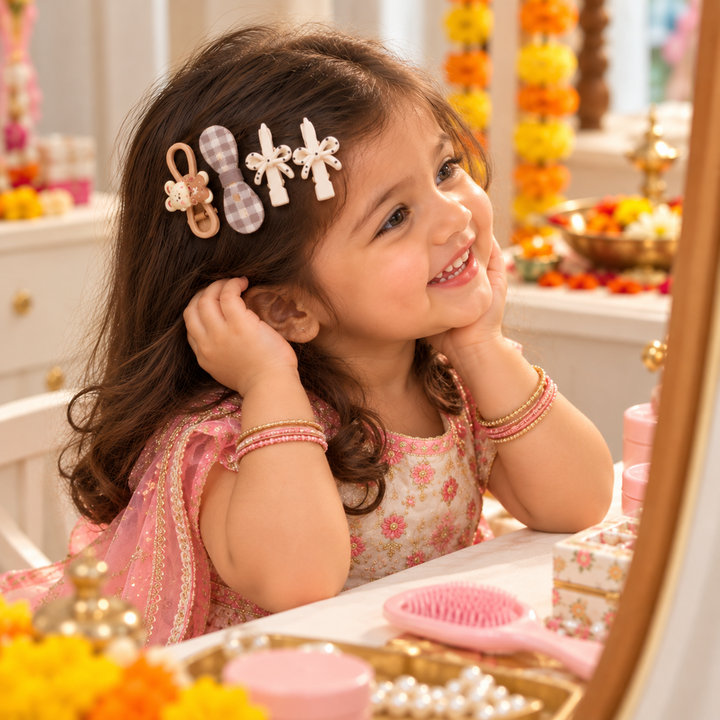 Set of 12 Brown & White Hair Clips | 4 Clips per Set | Kanya Pujan Gift