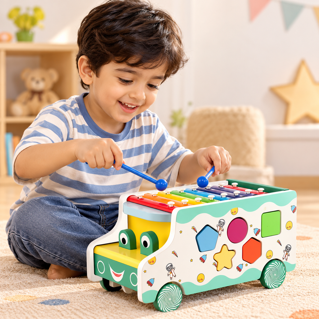 Chanak Wooden Activity Bus for Kids | 6-in-1 Montessori Musical Shape Sorter Toy | Musical Miles