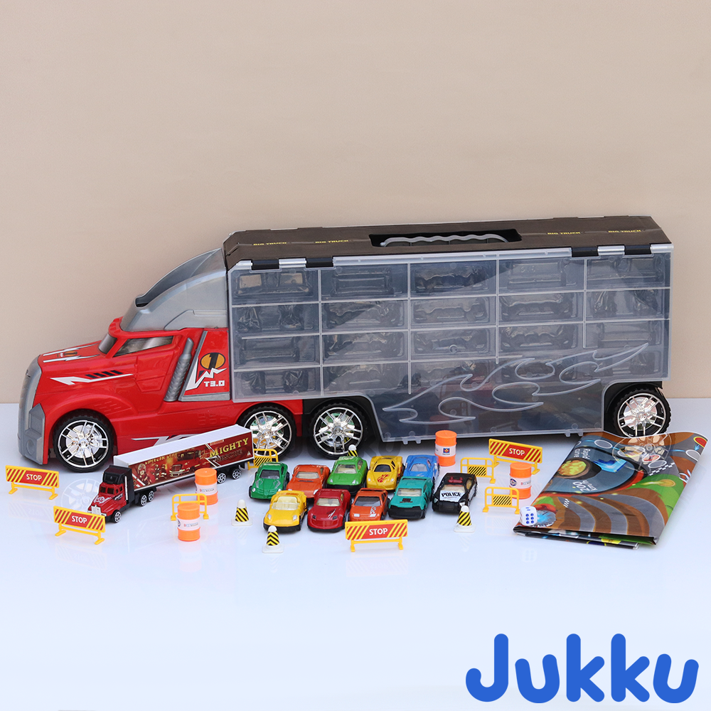 8-Wheeler Car Transporter with 10 Cars, 1 Mighty Truck, 16 Road Accessories & 1 Roadmap Game (3 Years till Grown Ups)