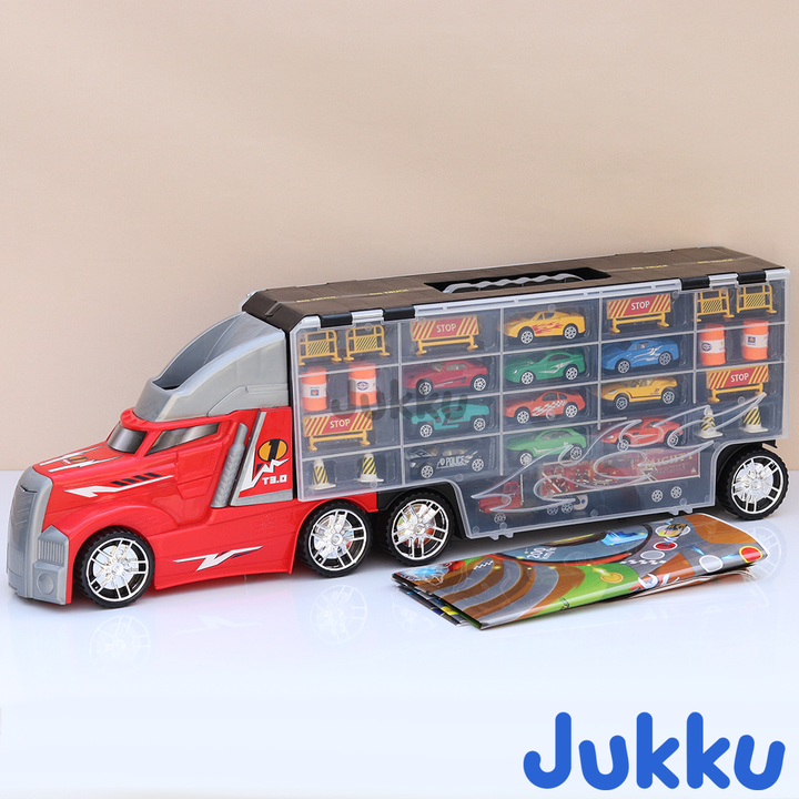 8-Wheeler Car Transporter with 10 Cars, 1 Mighty Truck, 16 Road Accessories & 1 Roadmap Game (3 Years till Grown Ups)