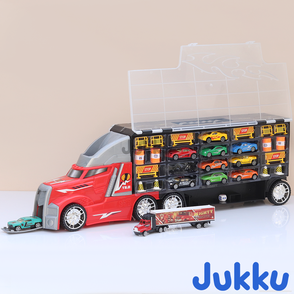 8-Wheeler Car Transporter with 10 Cars, 1 Mighty Truck, 16 Road Accessories & 1 Roadmap Game (3 Years till Grown Ups)