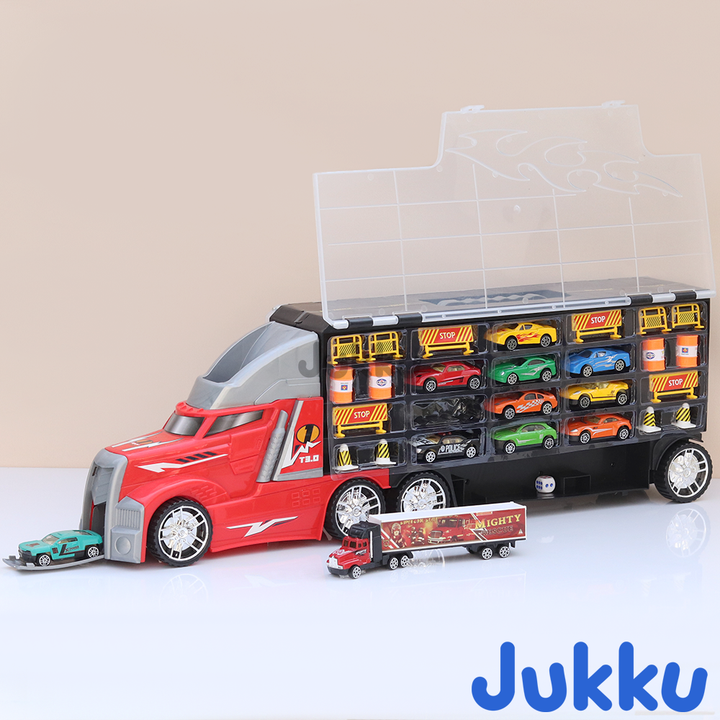 8-Wheeler Car Transporter with 10 Cars, 1 Mighty Truck, 16 Road Accessories & 1 Roadmap Game (3 Years till Grown Ups)