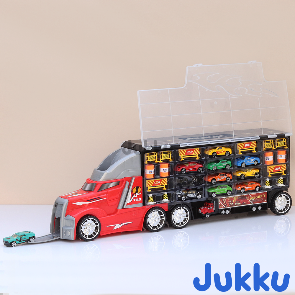 8-Wheeler Car Transporter with 10 Cars, Mighty Truck, 16 Road Accessories  Roadmap Game (3 Years till Grown Ups)
