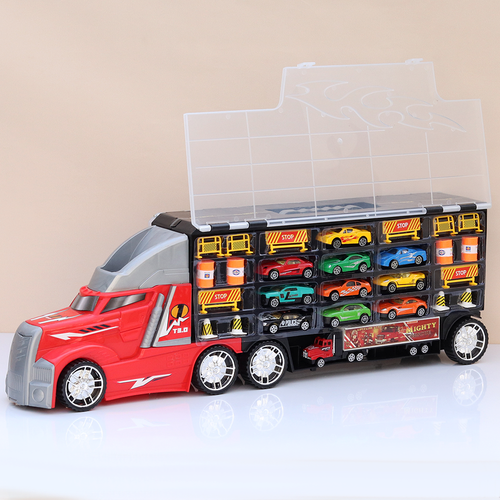 Jukku 8-Wheeler Car Transporter with 10 Cars, 1 Mighty Truck, 16 Road Accessories & 1 Roadmap Game (3 Years till Grown Ups)