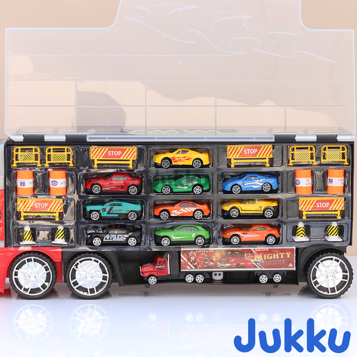 8-Wheeler Car Transporter with 10 Cars, 1 Mighty Truck, 16 Road Accessories & 1 Roadmap Game (3 Years till Grown Ups)