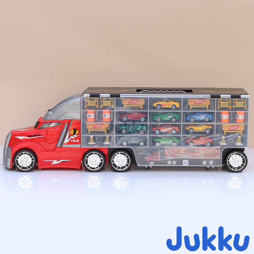 8-Wheeler Car Transporter with 10 Cars, 1 Mighty Truck, 16 Road Accessories & 1 Roadmap Game (3 Years till Grown Ups)