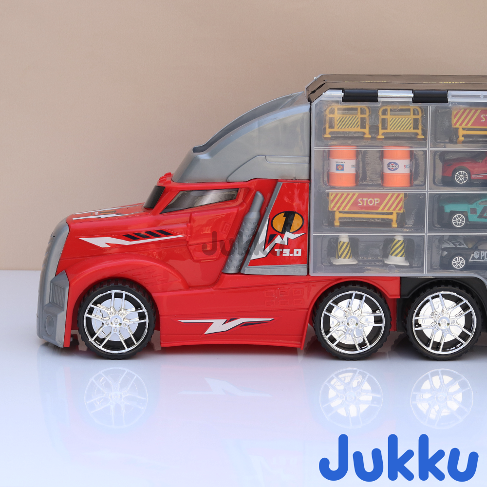 8-Wheeler Car Transporter with 10 Cars, 1 Mighty Truck, 16 Road Accessories & 1 Roadmap Game (3 Years till Grown Ups)