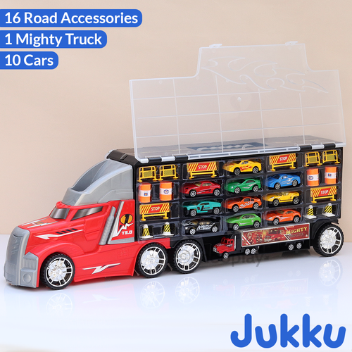 Jukku 8-Wheeler Car Transporter with 10 Cars, 1 Mighty Truck, 16 Road Accessories & 1 Roadmap Game (3 Years till Grown Ups)