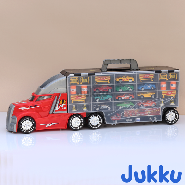 8-Wheeler Car Transporter with 10 Cars, 1 Mighty Truck, 16 Road Accessories & 1 Roadmap Game (3 Years till Grown Ups)