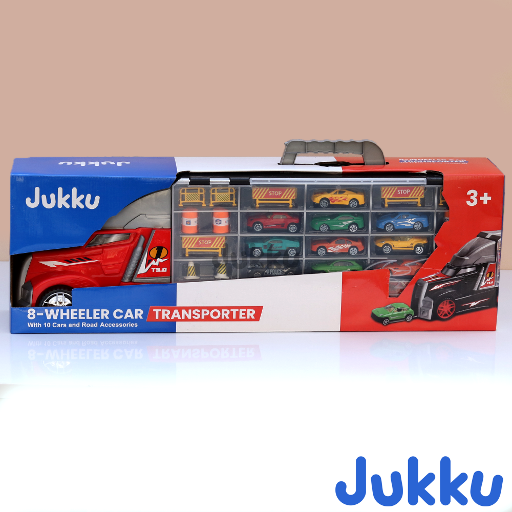 8-Wheeler Car Transporter with 10 Cars, 1 Mighty Truck, 16 Road Accessories & 1 Roadmap Game (3 Years till Grown Ups)