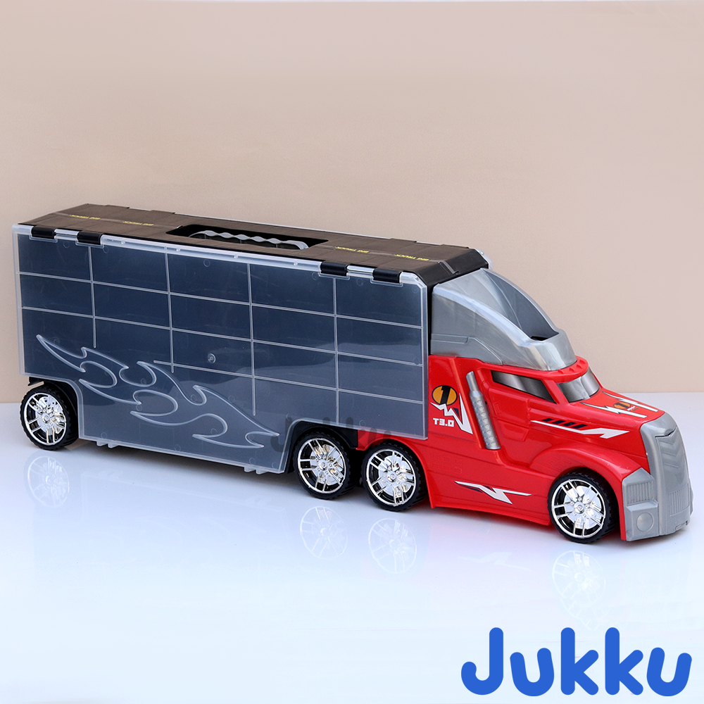 8-Wheeler Car Transporter with 10 Cars, 1 Mighty Truck, 16 Road Accessories & 1 Roadmap Game (3 Years till Grown Ups)