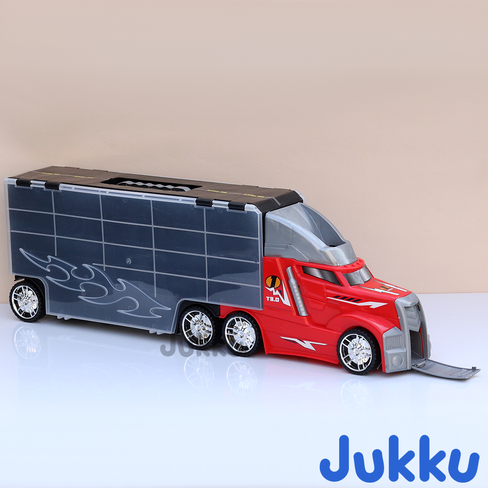 8-Wheeler Car Transporter with 10 Cars, 1 Mighty Truck, 16 Road Accessories & 1 Roadmap Game (3 Years till Grown Ups)