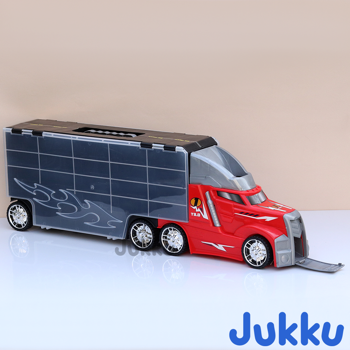 8-Wheeler Car Transporter with 10 Cars, 1 Mighty Truck, 16 Road Accessories & 1 Roadmap Game (3 Years till Grown Ups)