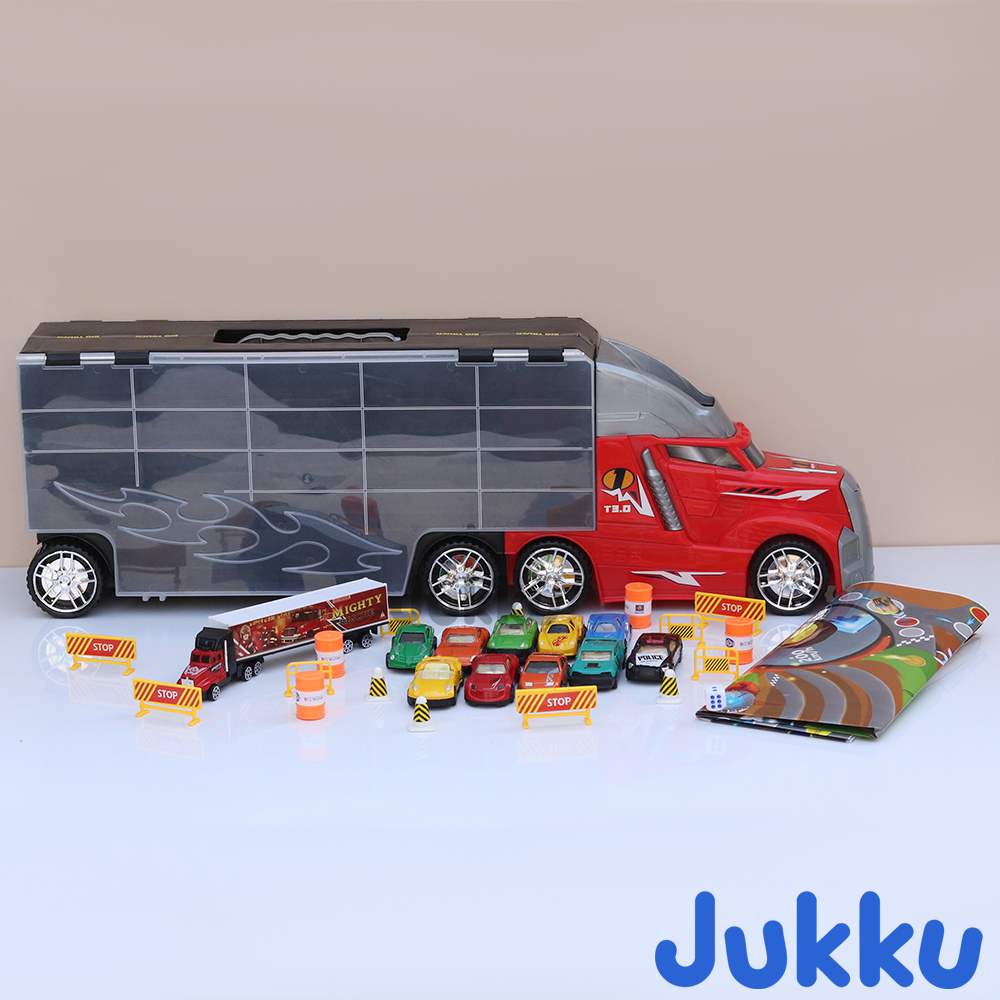 8-Wheeler Car Transporter with 10 Cars, 1 Mighty Truck, 16 Road Accessories & 1 Roadmap Game (3 Years till Grown Ups)