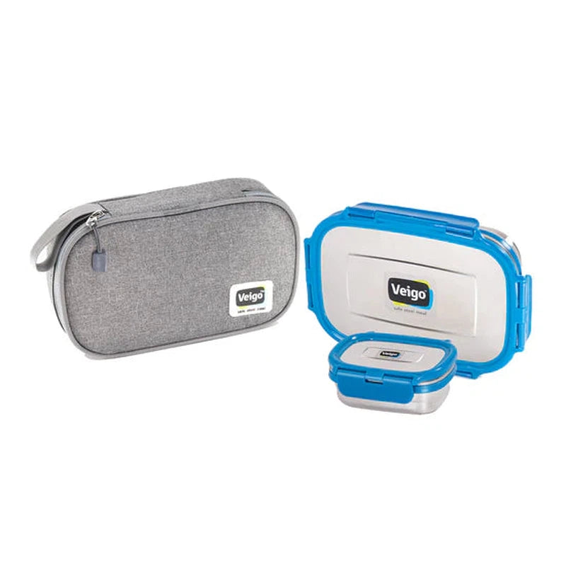 On the Go Combo- 1 Large Stainless Steel Lunch Box with 1 Small Veg Box Inside (630ml + 180ml) comes with Flat Insulated Lunch Bag Suitable for School & College