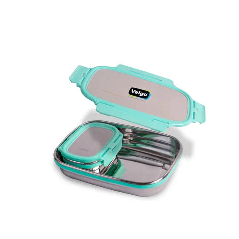 Jumbo Stainless Steel Lunch Box with Silicon Ring & Lid Lock with Small Veg Box Inside(950ml + 180ml)