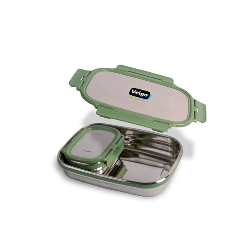 Jumbo Stainless Steel Lunch Box with Silicon Ring & Lid Lock with Small Veg Box Inside(950ml + 180ml)