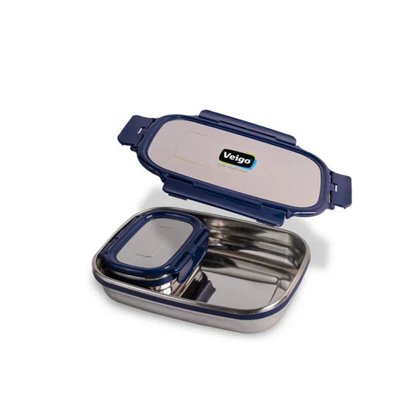 Jumbo Stainless Steel Lunch Box with Silicon Ring & Lid Lock with Small Veg Box Inside(950ml + 180ml)