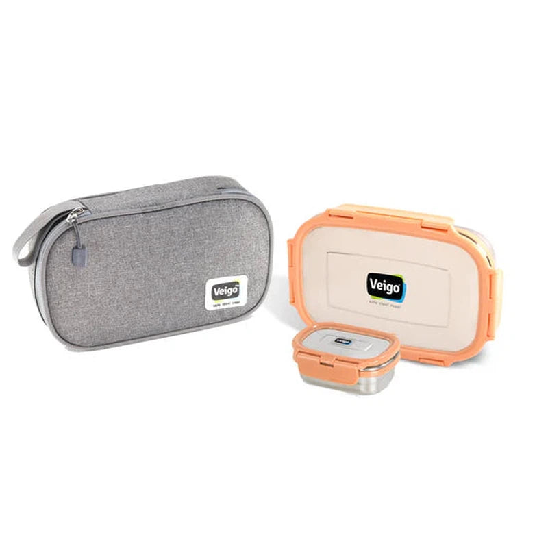 On the Go Combo- 1 Large Stainless Steel Lunch Box with 1 Small Veg Box Inside (630ml + 180ml) comes with Flat Insulated Lunch Bag Suitable for School & College