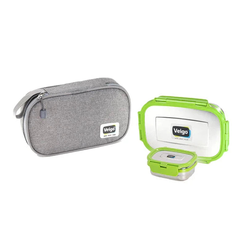 On the Go Combo- 1 Large Stainless Steel Lunch Box with 1 Small Veg Box Inside (630ml + 180ml) comes with Flat Insulated Lunch Bag Suitable for School & College