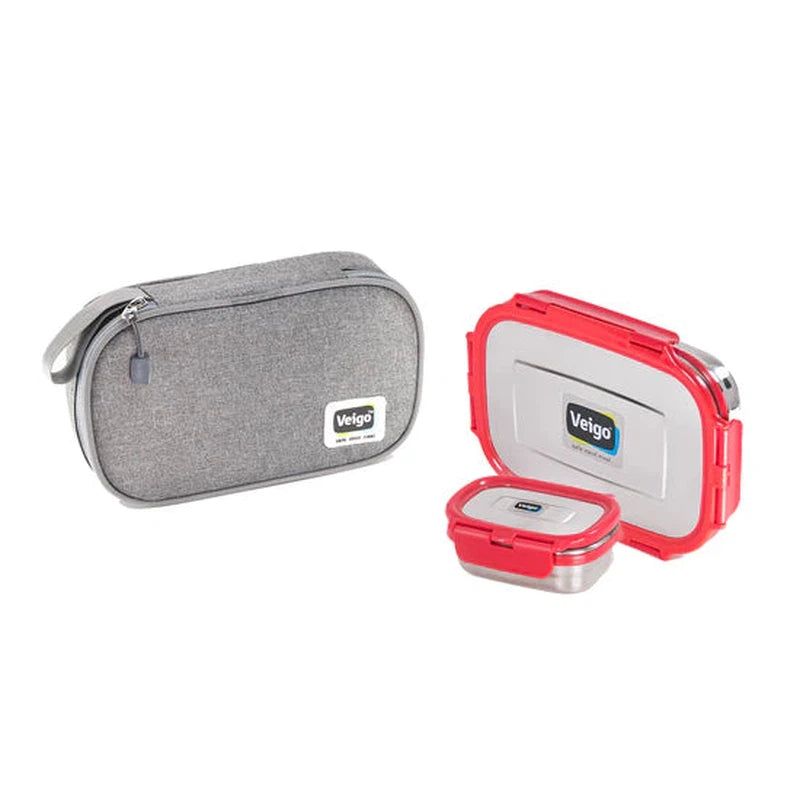 On the Go Combo- 1 Large Stainless Steel Lunch Box with 1 Small Veg Box Inside (630ml + 180ml) comes with Flat Insulated Lunch Bag Suitable for School & College