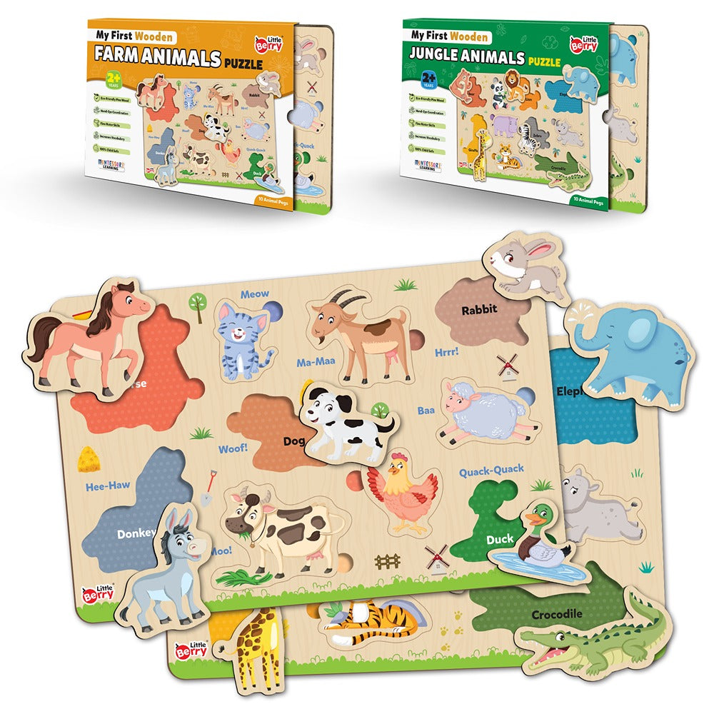 My First Wooden Jungle Animals & Farm Animals Puzzle Tray (Set of 2) | 20 Pegs