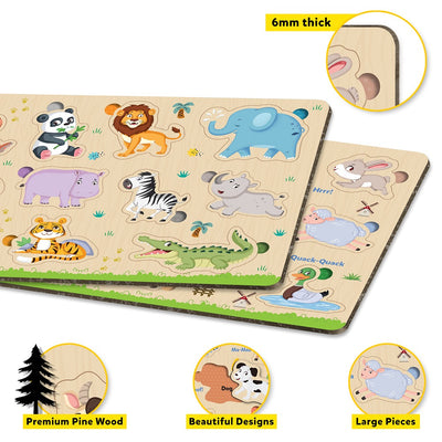 My First Wooden Jungle Animals & Farm Animals Puzzle Tray (Set of 2) | 20 Pegs