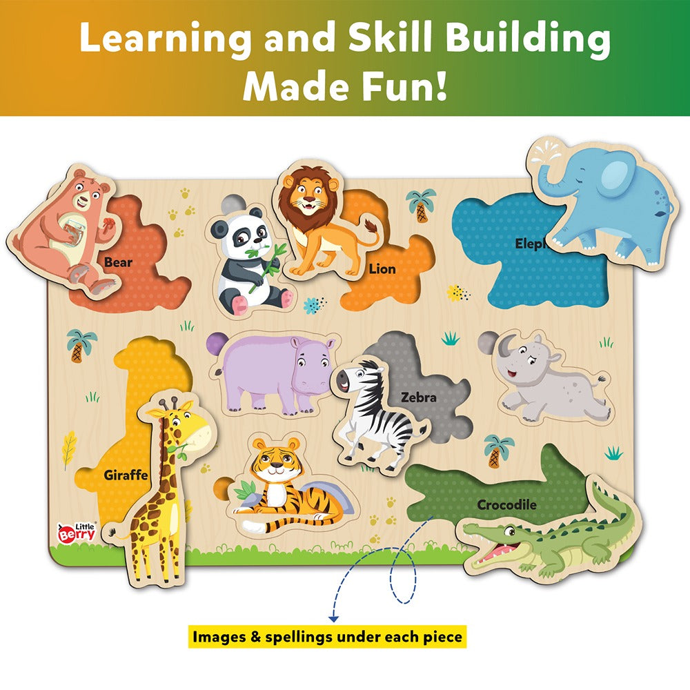 My First Wooden Jungle Animals & Farm Animals Puzzle Tray (Set of 2) | 20 Pegs