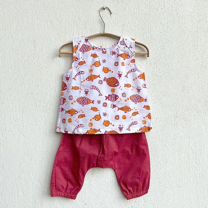 Whitewater Cotton Peach Koi Kurta and Pyjama Pants Set