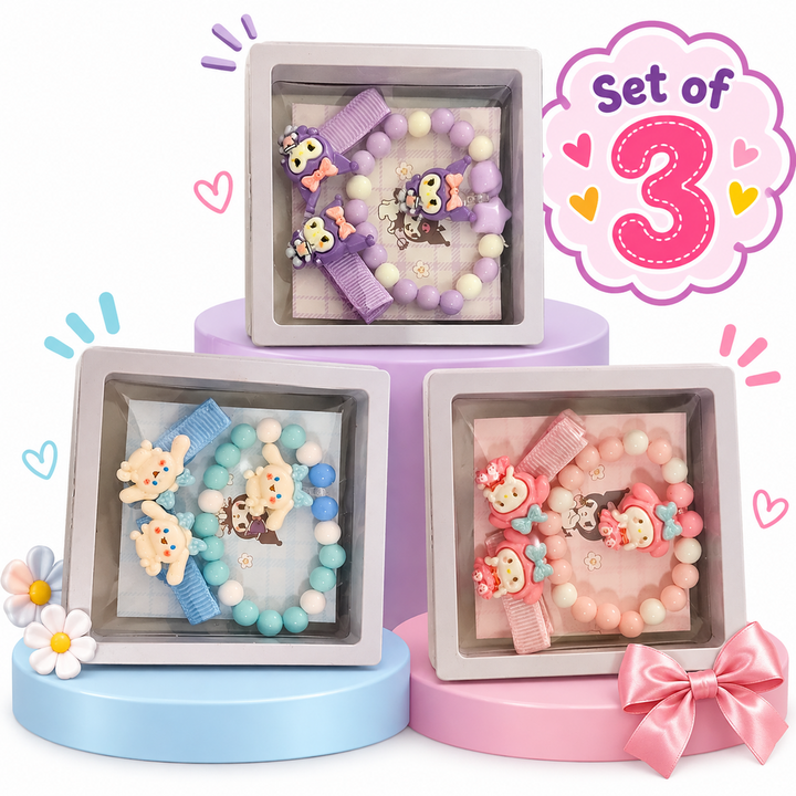 Set of 3 Bracelet Gift Boxes with 2 Hair Clips | Purple, Blue & Pink | Kanya Pujan Gift
