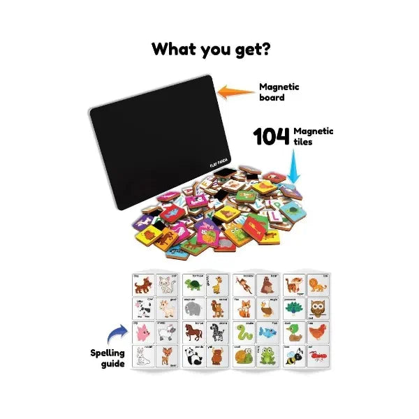 Play Panda Magnetic Learn to Spell - Animals I 104 magnetic Tiles, Magnetic Board and Spelling Guide