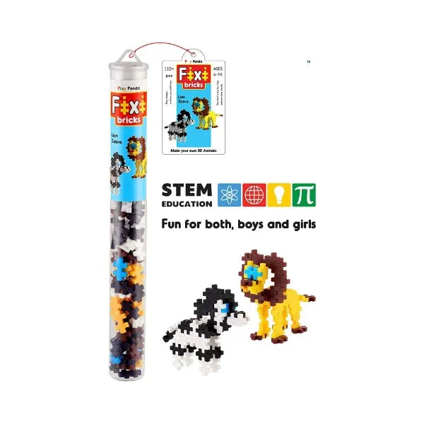 Play Panda Fixi Bricks Jungle Tube 2 Building Toy | Lion & Zebra - 110 Fixi Bricks | Instruction Manual | Storage Tube