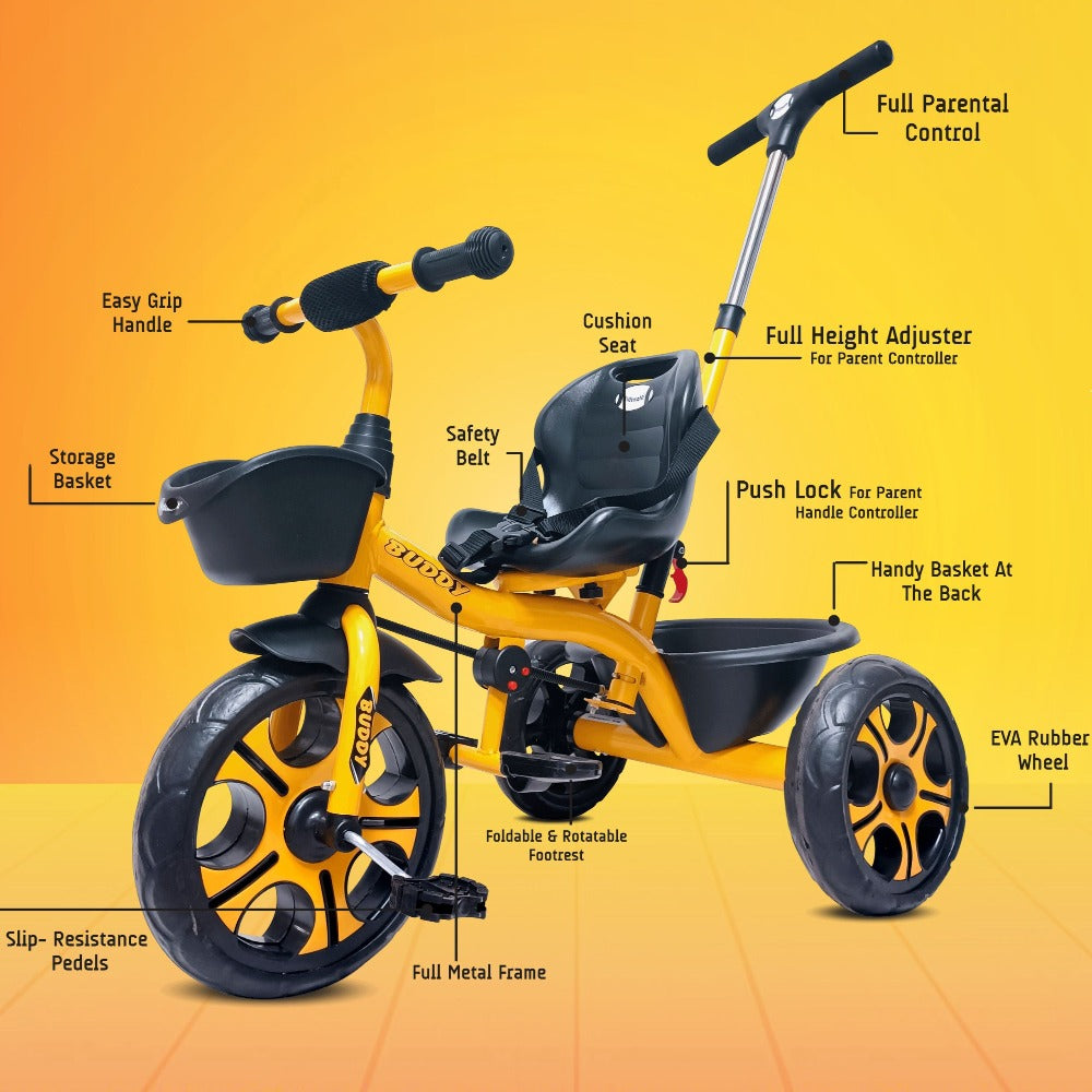 Buddy Plug N Play Kids Tricycle | Capacity Upto 30 Kgs (Yellow)