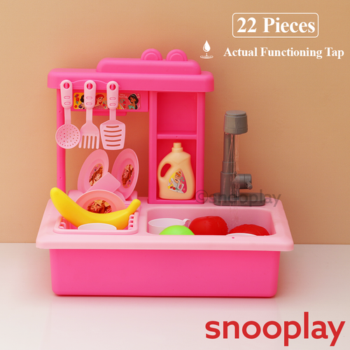 Kriiddaank Original Princess Toy Kitchen Sink with Realistic Running Water & Automatic Recycle System- 22 Pieces | Licensed Disney Toy (3-7 Years)