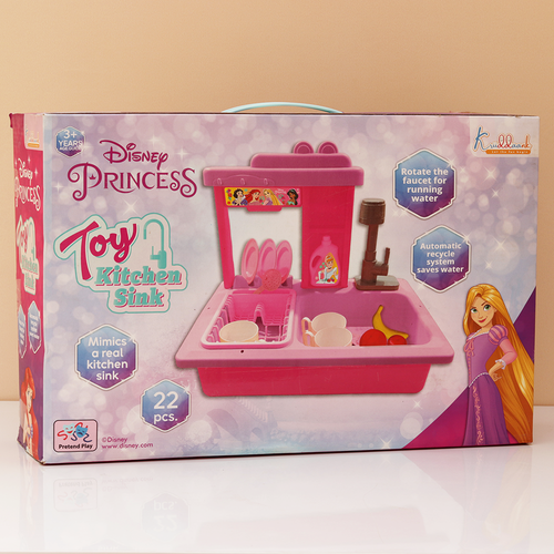 Kriiddaank Original Princess Toy Kitchen Sink with Realistic Running Water & Automatic Recycle System- 22 Pieces | Licensed Disney Toy (3-7 Years)