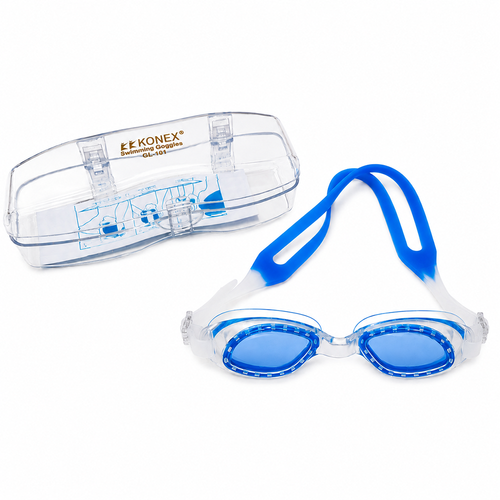 Konex Eco Swimming Goggles with Glass Box - UV Protected Lens | Anti-Fog & Anti-Leak | Size: Onesize | Blue