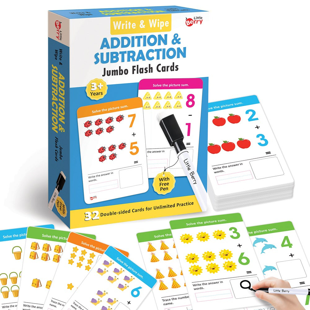 Addition & Subtraction Write & Wipe Jumbo Flash Cards with Marker Pen