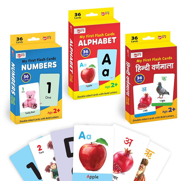 First Flash Cards ABC, Numbers, Hindi Varnmala (Set of 3) | 108 Cards