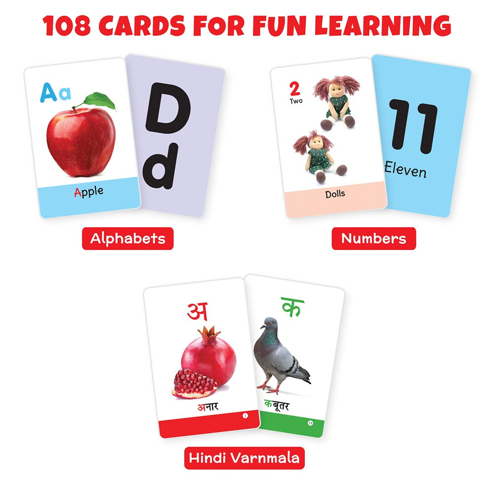 First Flash Cards ABC, Numbers, Hindi Varnmala (Set of 3) | 108 Cards