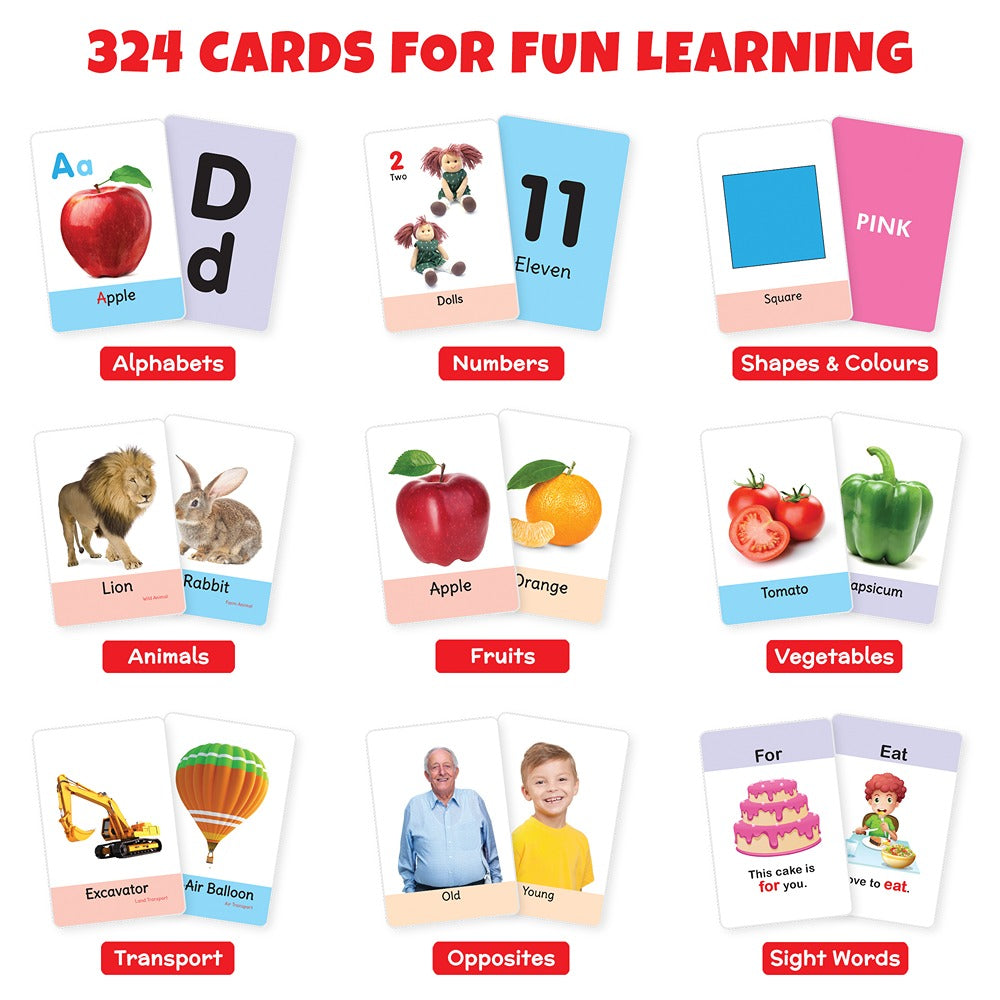 My First Flash Cards Alphabets, Numbers, Shapes, Colours, Animals, Fruits, Vegetables, Transport, Opposites and Sight Words (All in one Set)| 324 Cards