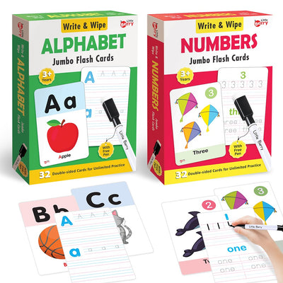 Flash Cards Set Alphabet & Number (64 Write & Wipe Cards with Marker)