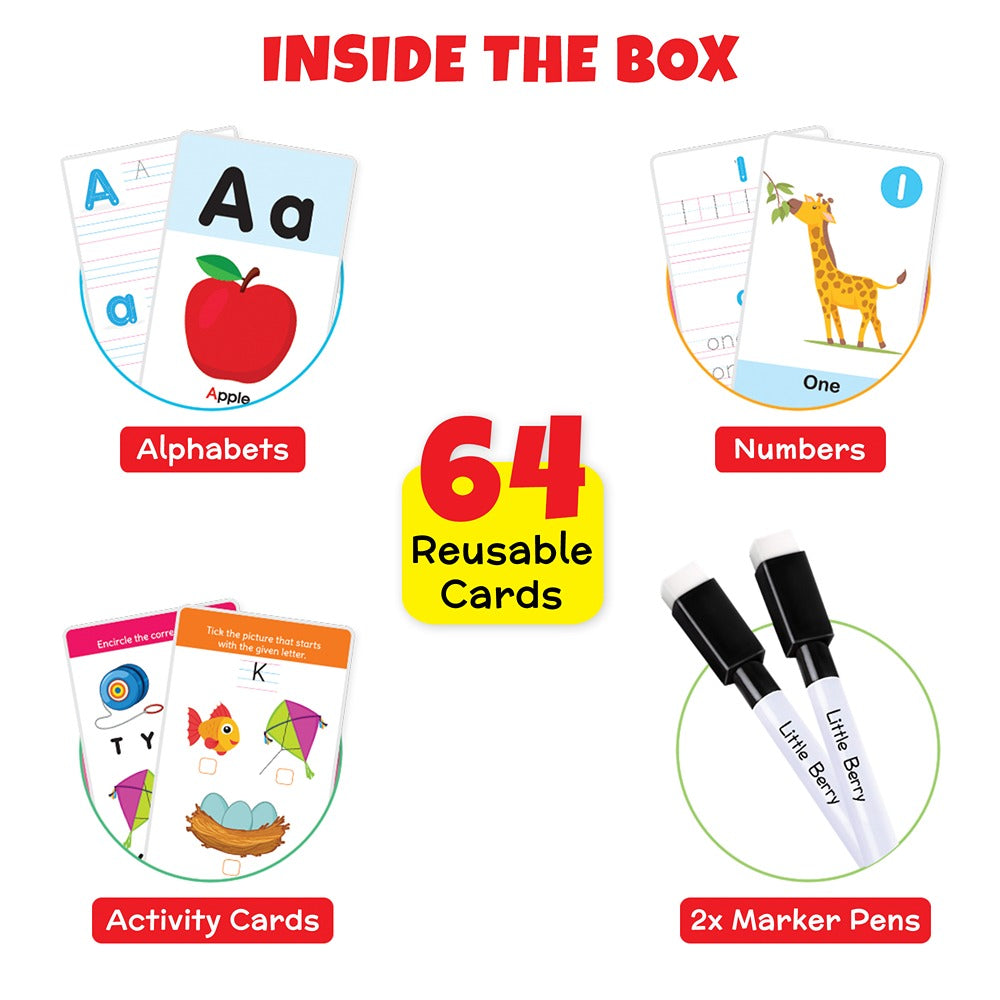 Flash Cards Set Alphabet & Number (64 Write & Wipe Cards with Marker)