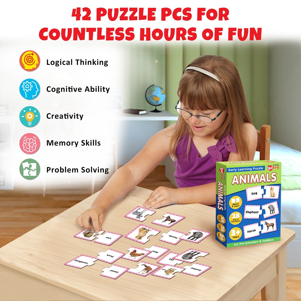 Animals Learning Puzzle (42 Pcs) & Flash Cards for Kids (32 Write & Wipe Cards)