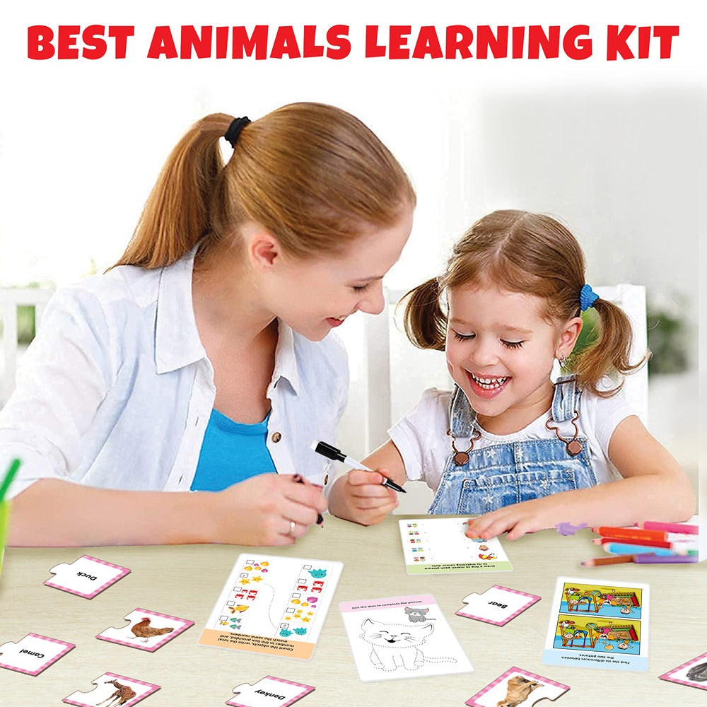 Animals Learning Puzzle (42 Pcs) & Flash Cards for Kids (32 Write & Wipe Cards)