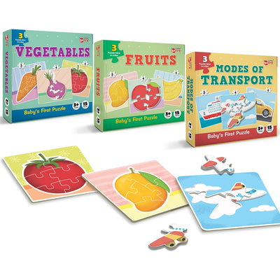 Baby’s First Jigsaw Puzzle Fruits, Vegetables & Modes of Transport (Set of 3) | 45 Pieces